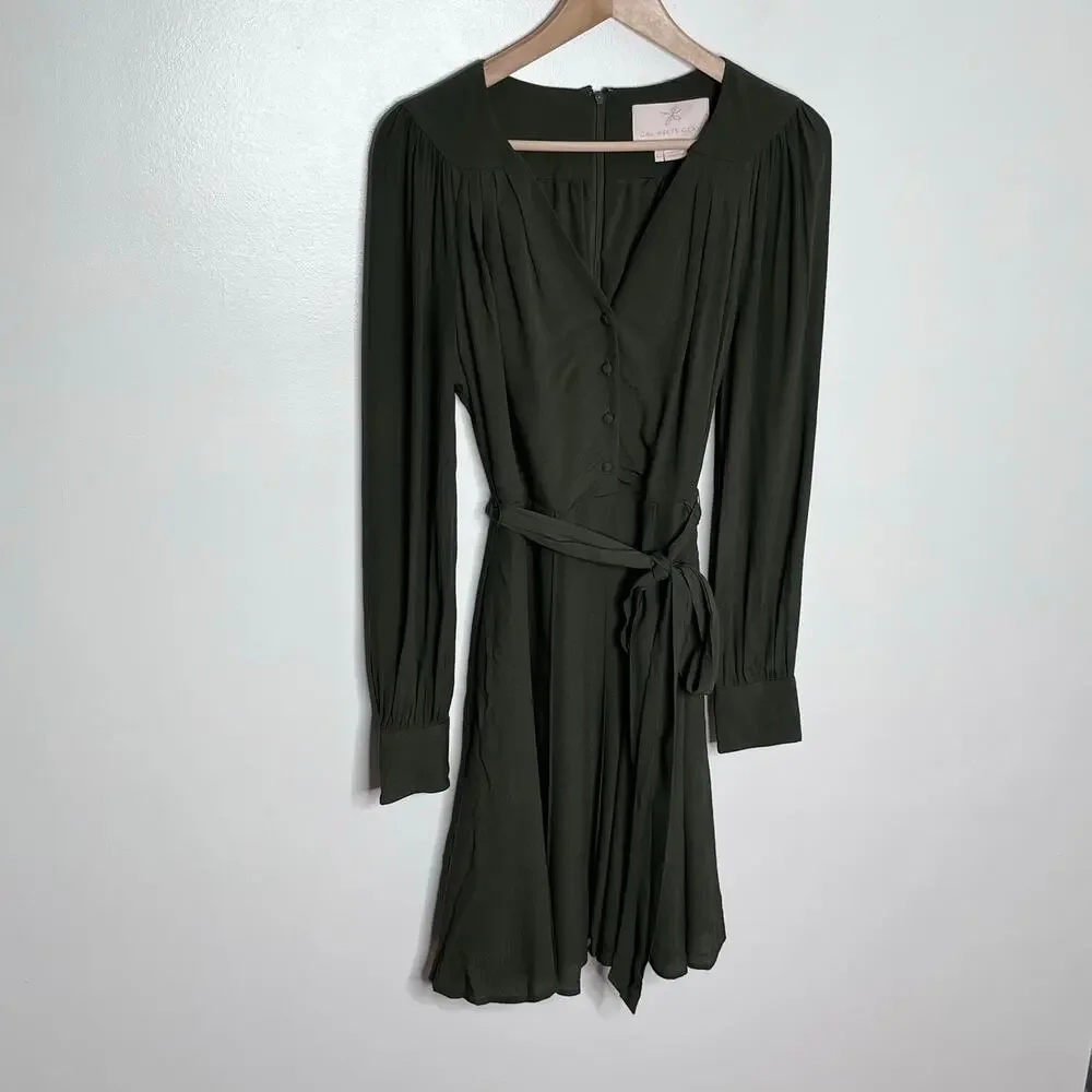 Gal Meets Glam Olive Green Faux Wrap Tie Waist Mini Dress Long Sleeve US 2 - Picture 3 of 10